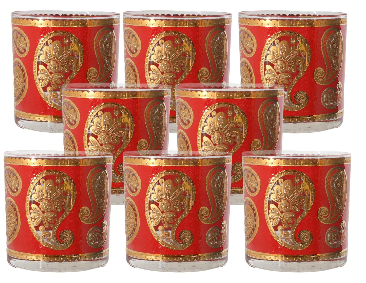 MCM Vintage Culver Red Paisley and 22k Gold Old Fashioned, Set of 8