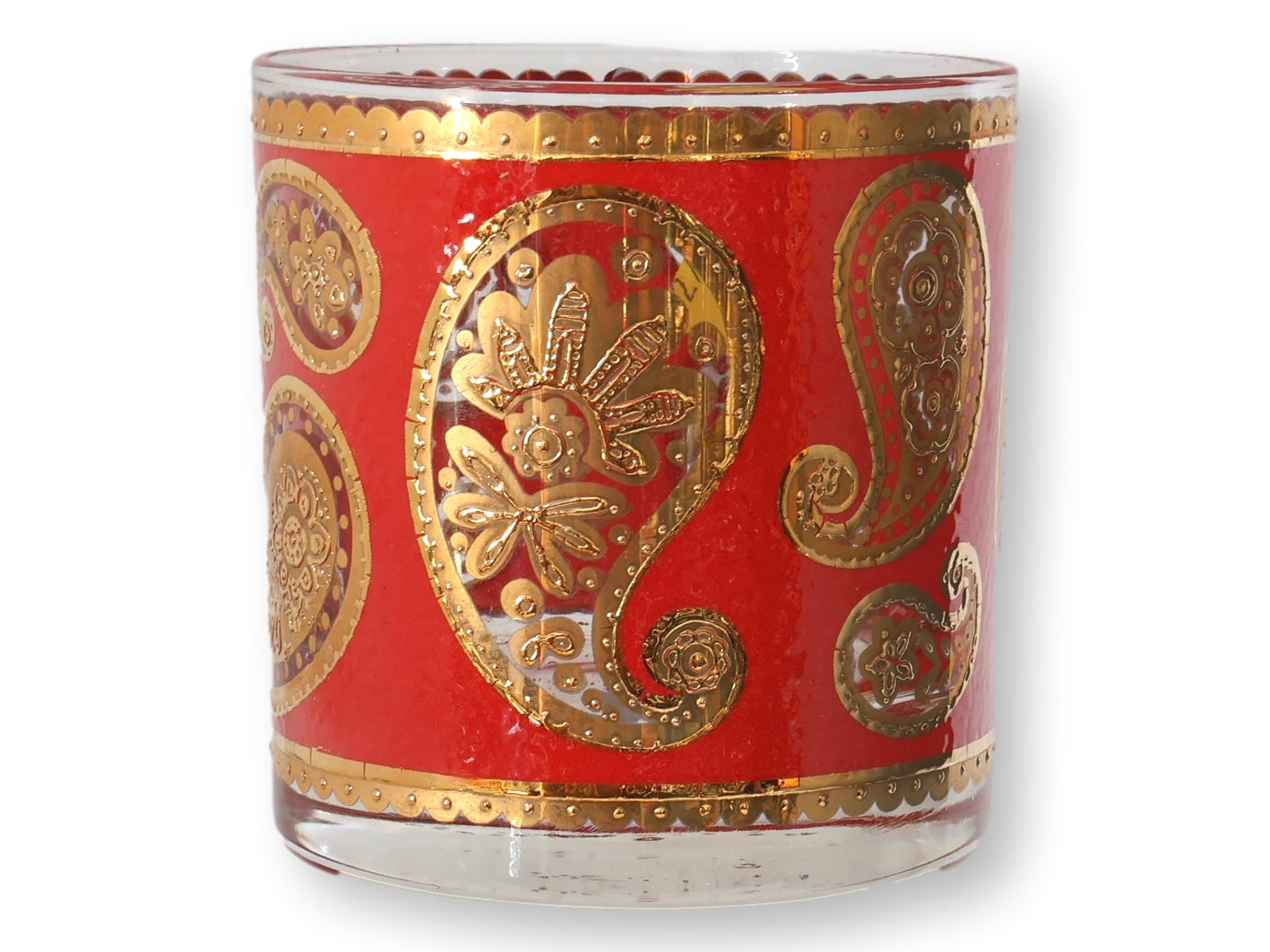 MCM Vintage Culver Red Paisley and 22k Gold Old Fashioned, Set of 8