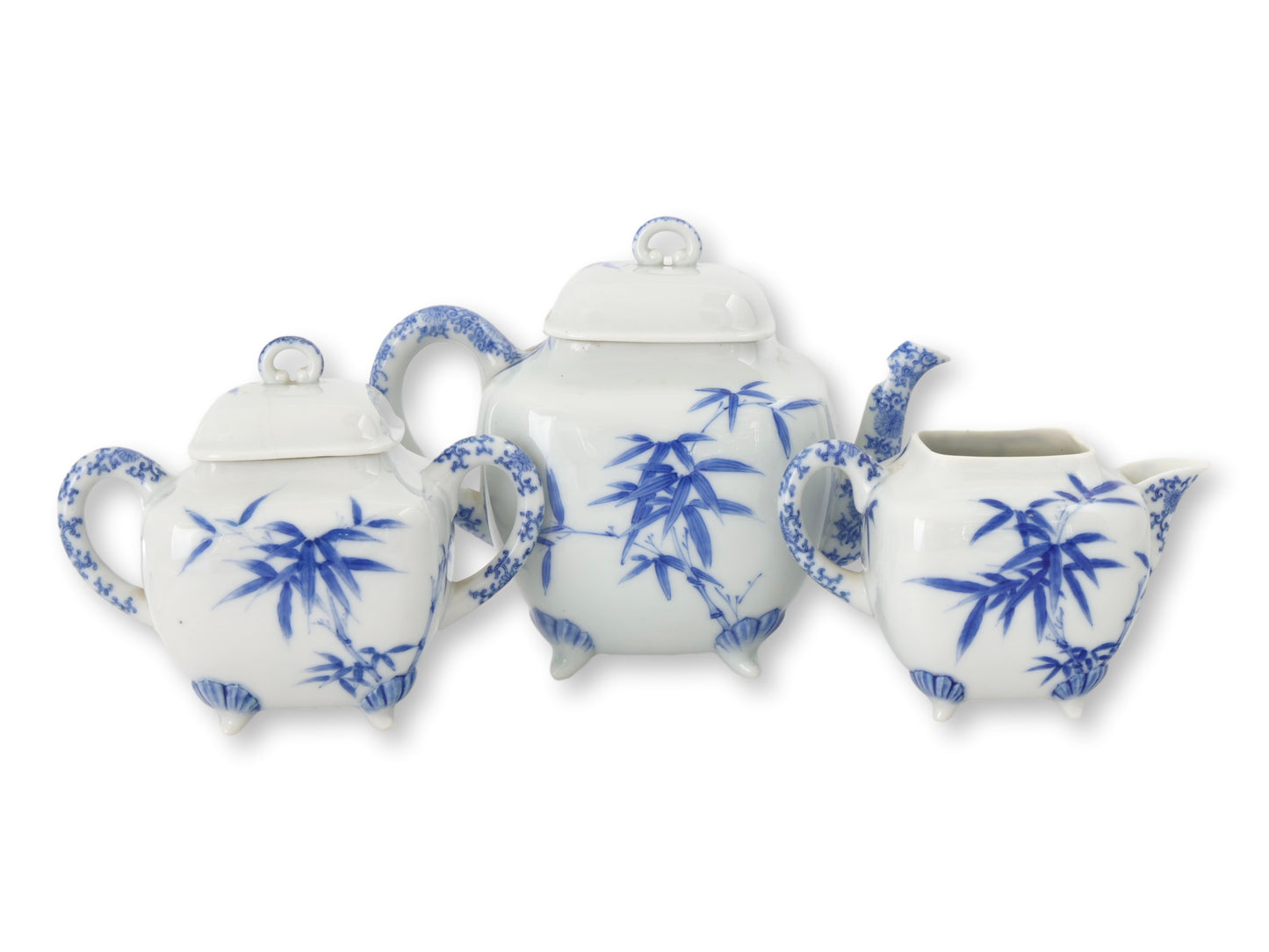 Japanese Meiji Porcelain Bamboo Tea Set, 3 Pieces