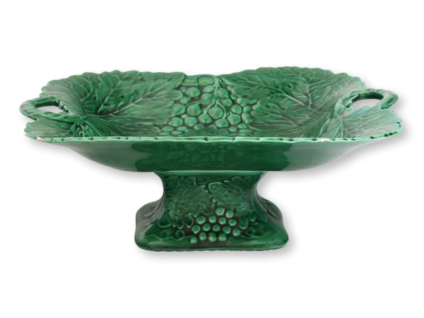 Antique English Green Majolica Berry and Vine Footed Dish