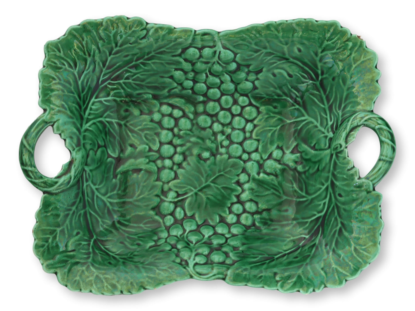 Antique English Green Majolica Berry and Vine Footed Dish