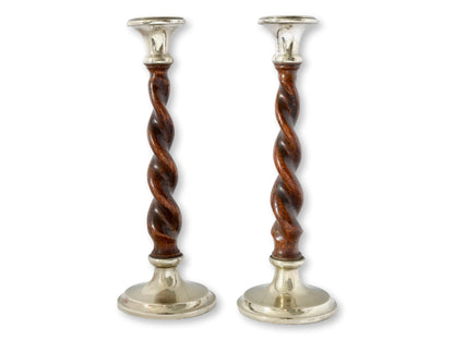 Sterling Silver Mounted Oak Twist Candlesticks