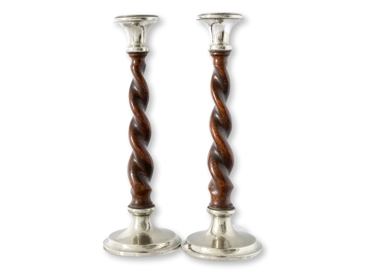 Sterling Silver Mounted Oak Twist Candlesticks