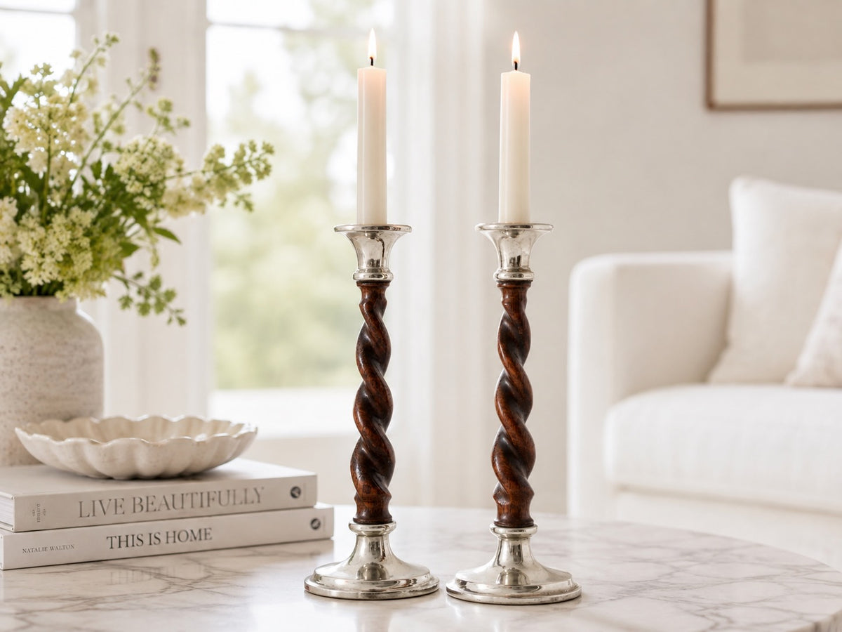 Sterling Silver Mounted Oak Twist Candlesticks