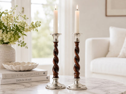 Sterling Silver Mounted Oak Twist Candlesticks