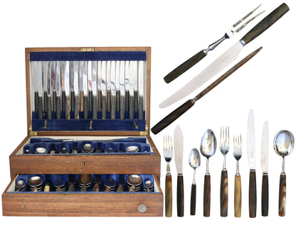 English Polished Natural Horn Cutlery, Service for 12