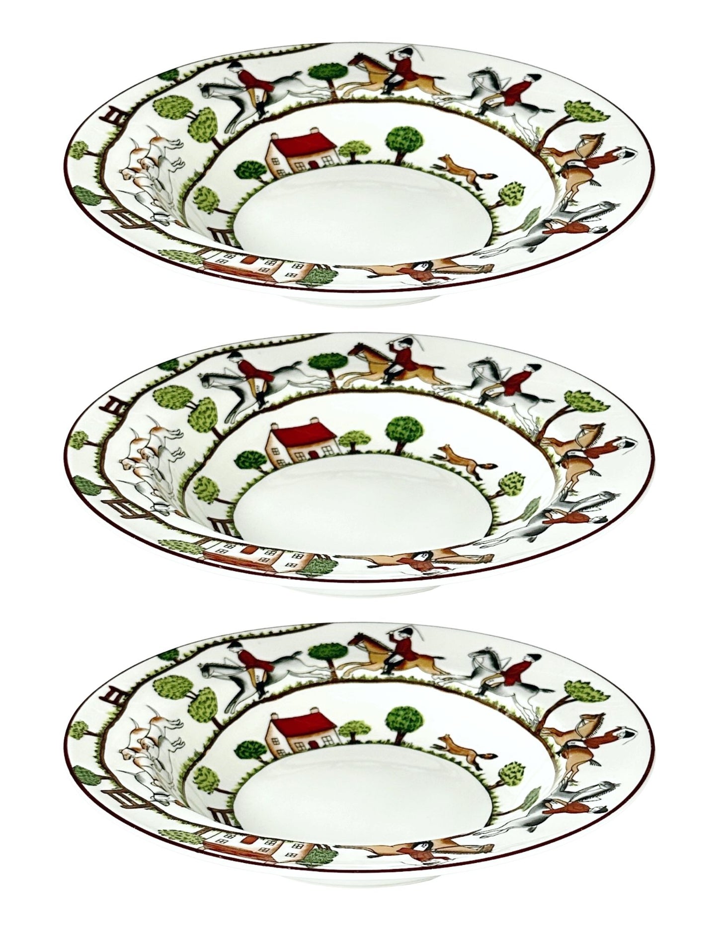 Crown Staffordshire Hunting Scene Rim Soup Bowls, Set of 3