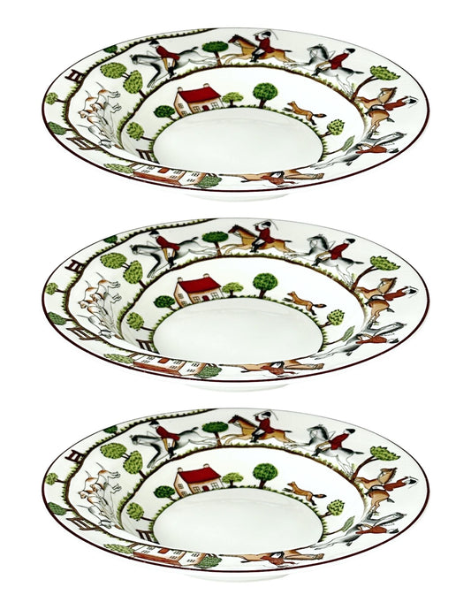 Crown Staffordshire Hunting Scene Rim Soup Bowls, Set of 3
