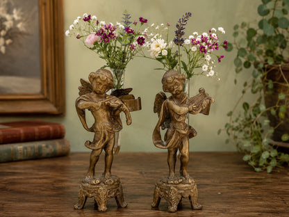 Bronze Cherub Figures, Flower Holders / Candle Holders