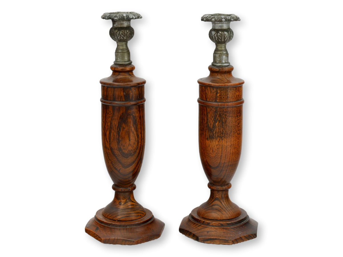 English Oak Candlesticks With Metal Cups