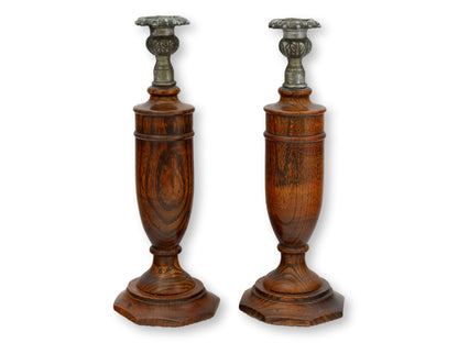 English Oak Candlesticks With Metal Cups