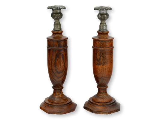English Oak Candlesticks With Metal Cups