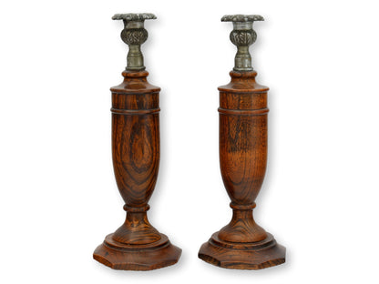 English Oak Candlesticks With Metal Cups