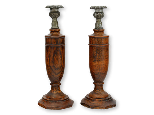 English Oak Candlesticks With Metal Cups