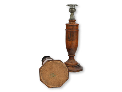 English Oak Candlesticks With Metal Cups
