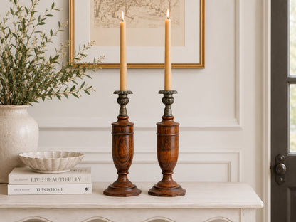English Oak Candlesticks With Metal Cups