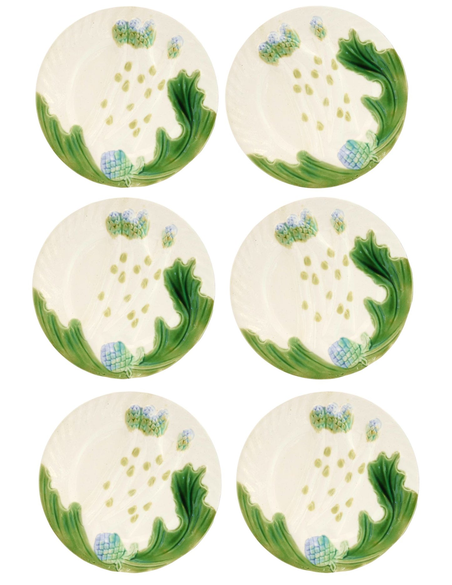 French Majolica Asparagus Plates, Set of 6