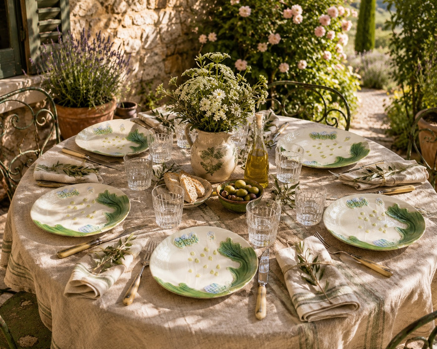 French Majolica Asparagus Plates, Set of 6