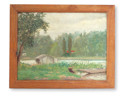 French Riverside Pastoral Scene with Boat