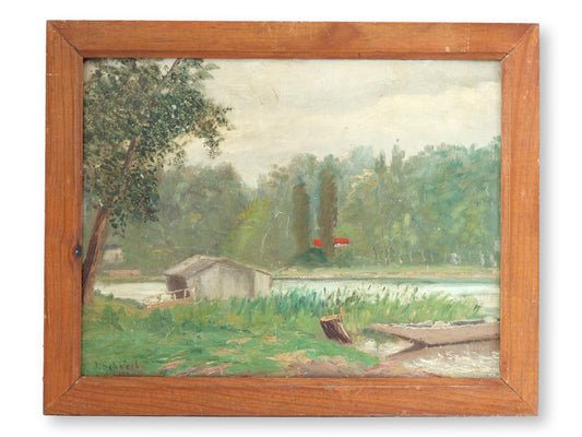 French Riverside Pastoral Scene with Boat