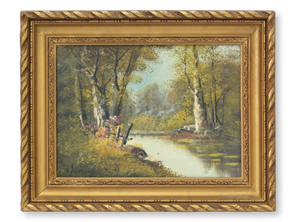 Signed French Woodland Pond Oil Painting