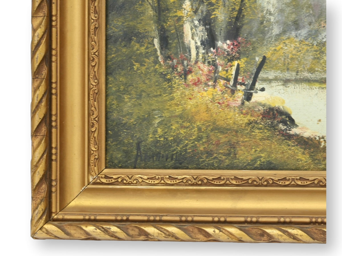 Signed French Woodland Pond Oil Painting