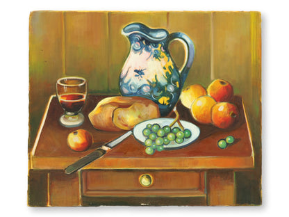 French Still Life, Pitcher, Bread, Fruit & Wine