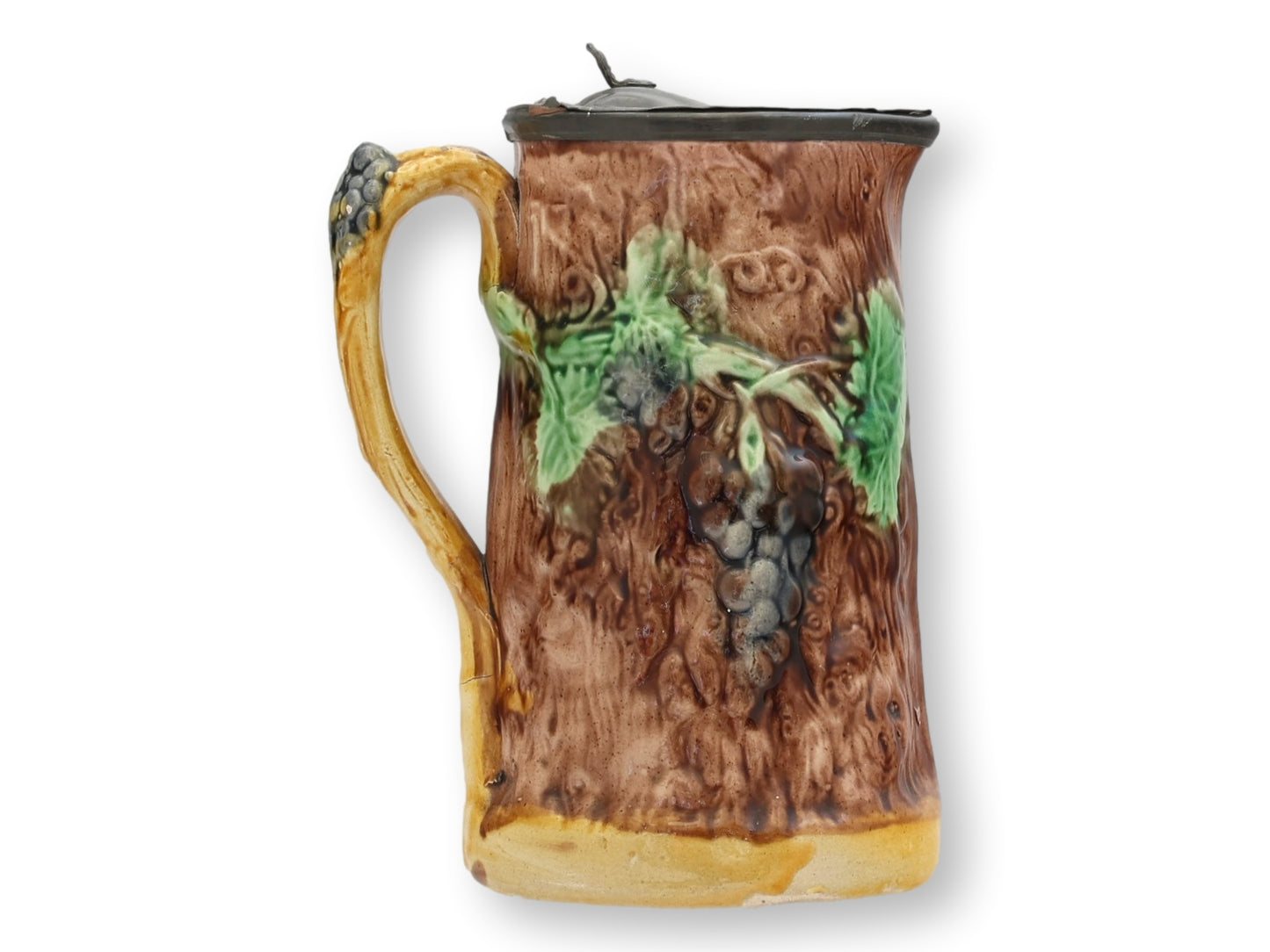 Antique Majolica Syrup Pitcher with Pewter Lid