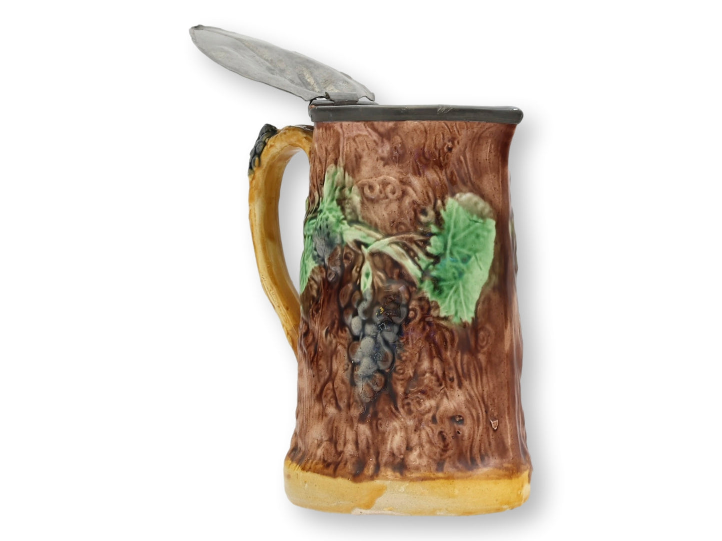 Antique Majolica Syrup Pitcher with Pewter Lid
