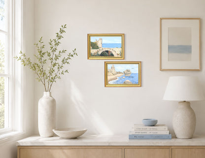 French Coastal Tower Landscape Paintings, Pair