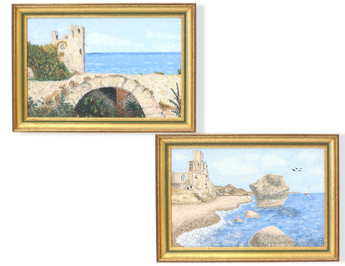 French Coastal Tower Landscape Paintings, Pair