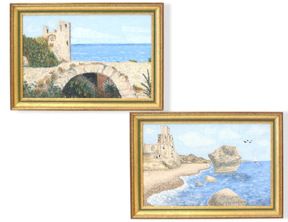 French Coastal Tower Landscape Paintings, Pair