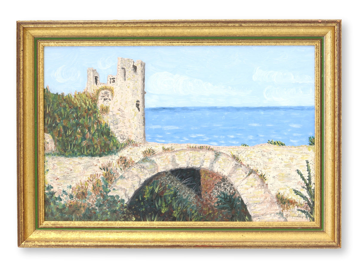 French Coastal Tower Landscape Paintings, Pair