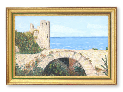 French Coastal Tower Landscape Paintings, Pair