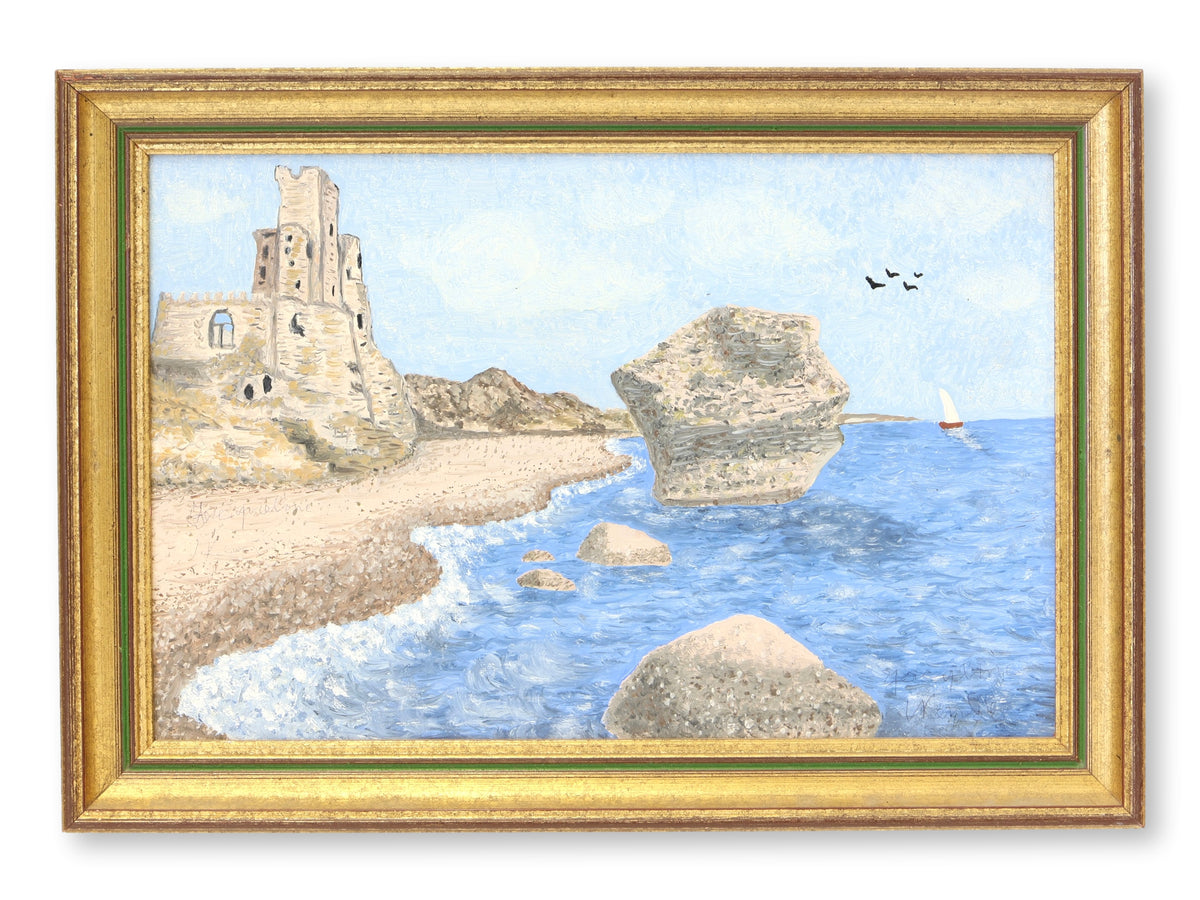 French Coastal Tower Landscape Paintings, Pair