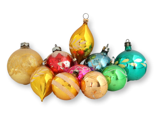 Midcentury Mercury Glass Christmas Ornaments, Set of 10
