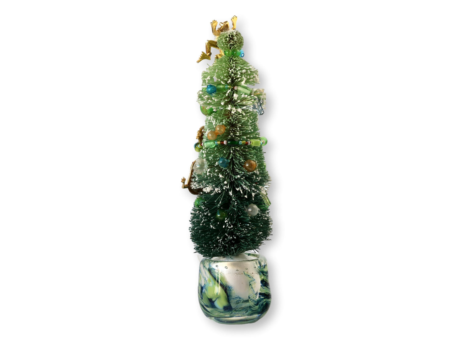 Midcentury Bottle Brush Tree with Frogs w/ Art Glass Base