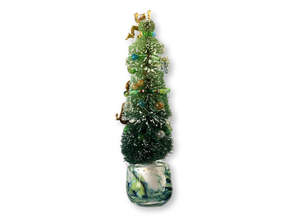 Midcentury Bottle Brush Tree with Frogs w/ Art Glass Base