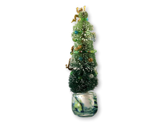 Midcentury Bottle Brush Tree with Frogs w/ Art Glass Base
