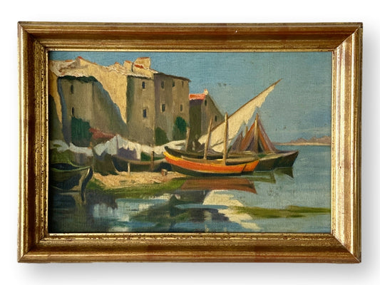 Midcentury French Rocky Coast & Sailboat Painting