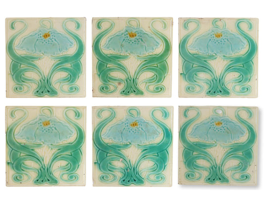 1930s English Art Nouveau Tiles, Set of Six