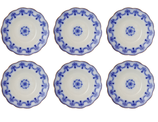 Antique Flow Blue Pasta / Soup Bowls, Set of 6