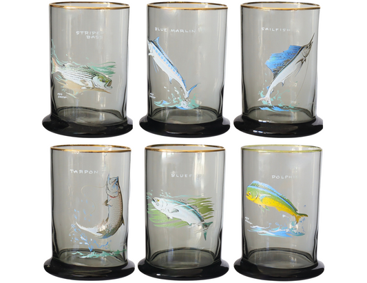 Vintage Ned Smith Tumblers w/Fish, S/6