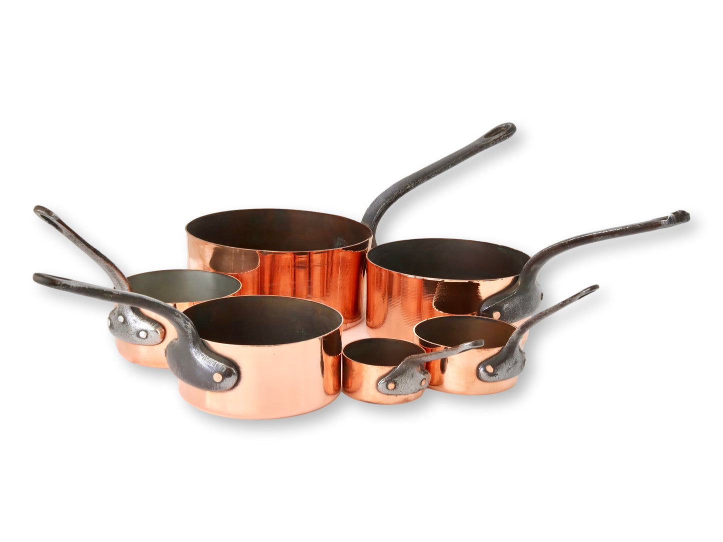 Vintage French Copper Sous Chef's Pans, Set of 6