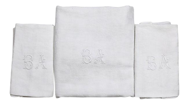 1920s French White Table Linens, w/ Hand-Stitched "B A" Monogram