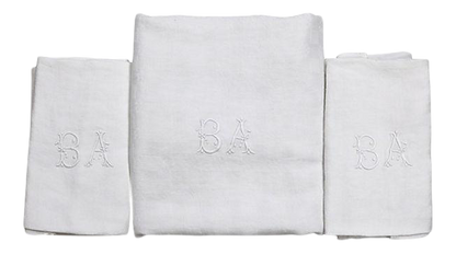 1920s French White Table Linens, w/ Hand-Stitched "B A" Monogram