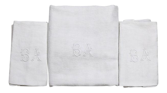 1920s French White Table Linens, w/ Hand-Stitched "B A" Monogram