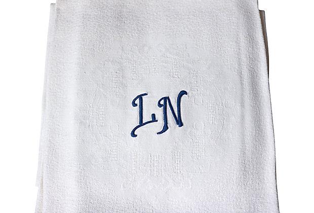 1920s French White Linen Dinner Napkins w/ Hand-Stitched "L N" Monogram, Set of 10