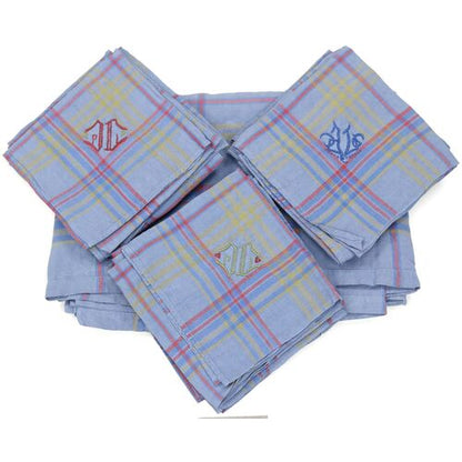 1940s French Plaid Linen Napkins & Tablecloth w/ Hand-Stitched "J L" Monogram