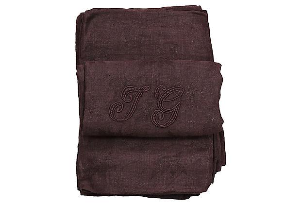 1920s French Plum Linen Dinner Napkins w/ Hand-Stitched "J G" Monogram, Set of Six